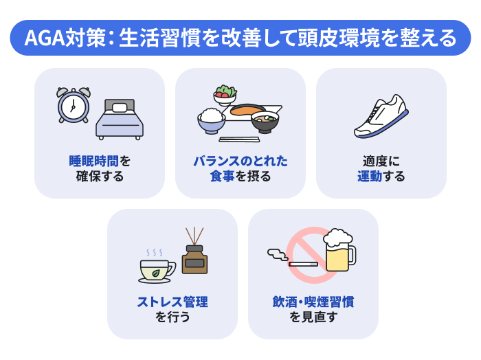 AGAの対策・予防として、生活習慣を改善して頭皮環境を整える方法を説明したイラスト。睡眠:成長ホルモンの分泌を促し頭皮環境を整える・ 食事・栄養:髪の成長に必要な栄養素を補う・運動:血流促進で頭皮への栄養供給をサポートする・ストレス管理:男性ホルモンバランスへの影響を抑える・飲酒・喫煙の見直し:過度な摂取は頭皮環境を悪化させる