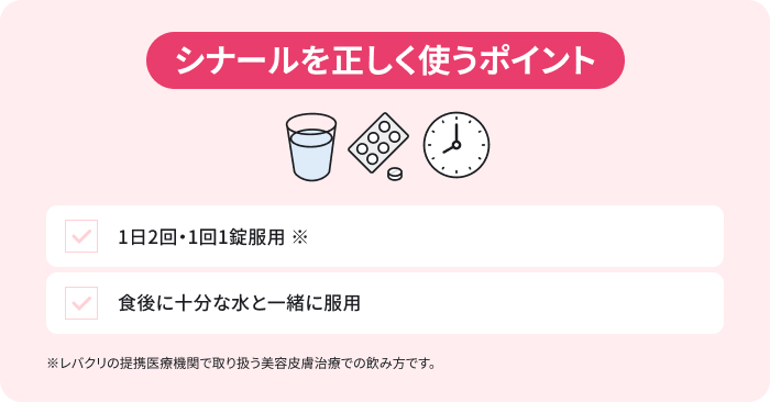 シナール(ビタミンC・ビタミンB5)を正しく使うポイント早見表。1日2回・1回1錠服用・毎食後十分な水と一緒に服用。