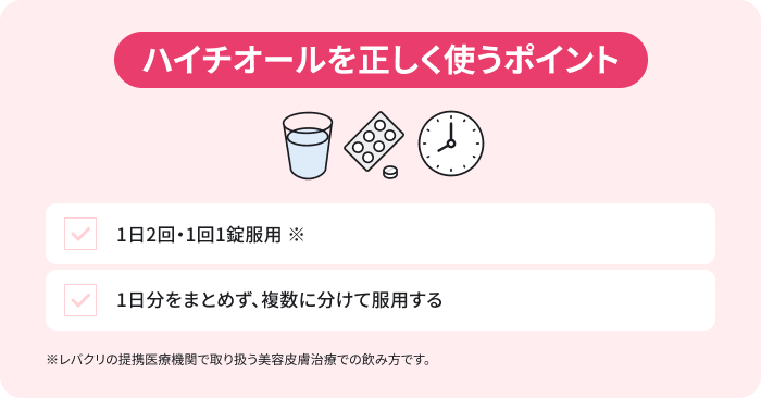 ハイチオール(L-システイン)を正しく使うポイント早見表。1日2回・1回1錠服用・1日分をまとめず、複数に分けて服用する