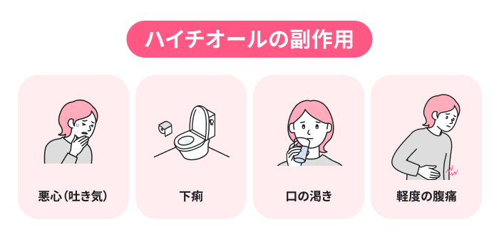 ハイチオール(L-システイン)の副作用一覧表。悪心(吐き気)、下痢、口の渇き、軽度の腹痛