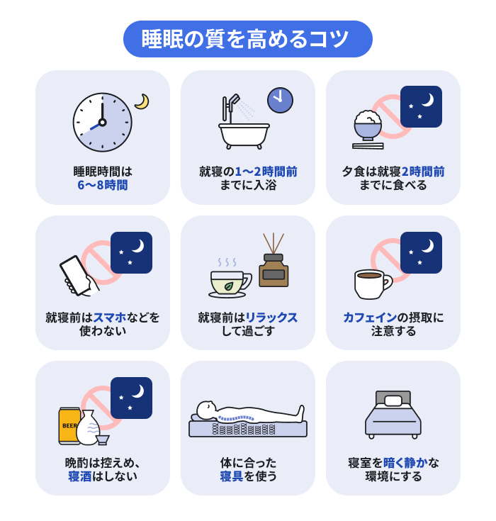 睡眠の質を高める9つのコツ(6〜8時間の睡眠、就寝前の入浴、早めの夕食、スマホの利用制限、リラックス時間の確保、カフェインへの注意、寝酒の抑制、適切な寝具の使用、暗く静かな寝室環境)のイメージ