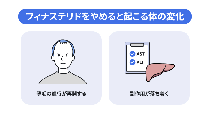 フィナステリドをやめると起こる体の変化を表した図。薄毛の進行が再開する、副作用が落ち着くの2つの変化が起こる。