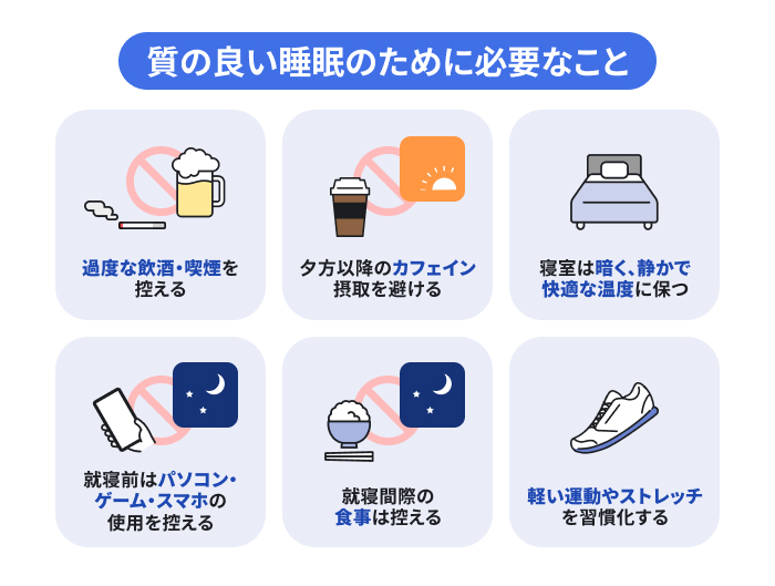 AGA・薄毛予防に不可欠な質の良い睡眠を確保するために必要な、飲酒・喫煙の抑制、カフェイン摂取や就寝前のスマホ利用の回避、寝室環境の整備、適度な運動といった具体的な対策のイメージ