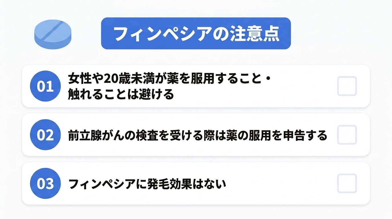 フィンペシア(有効成分フィナステリド)使用上の注意点3点を解説。女性や20歳未満の薬の服用および接触を避けること、前立腺がん検査を受ける際は服用の旨を申告すること、フィンペシアに発毛効果はないことを認識すること