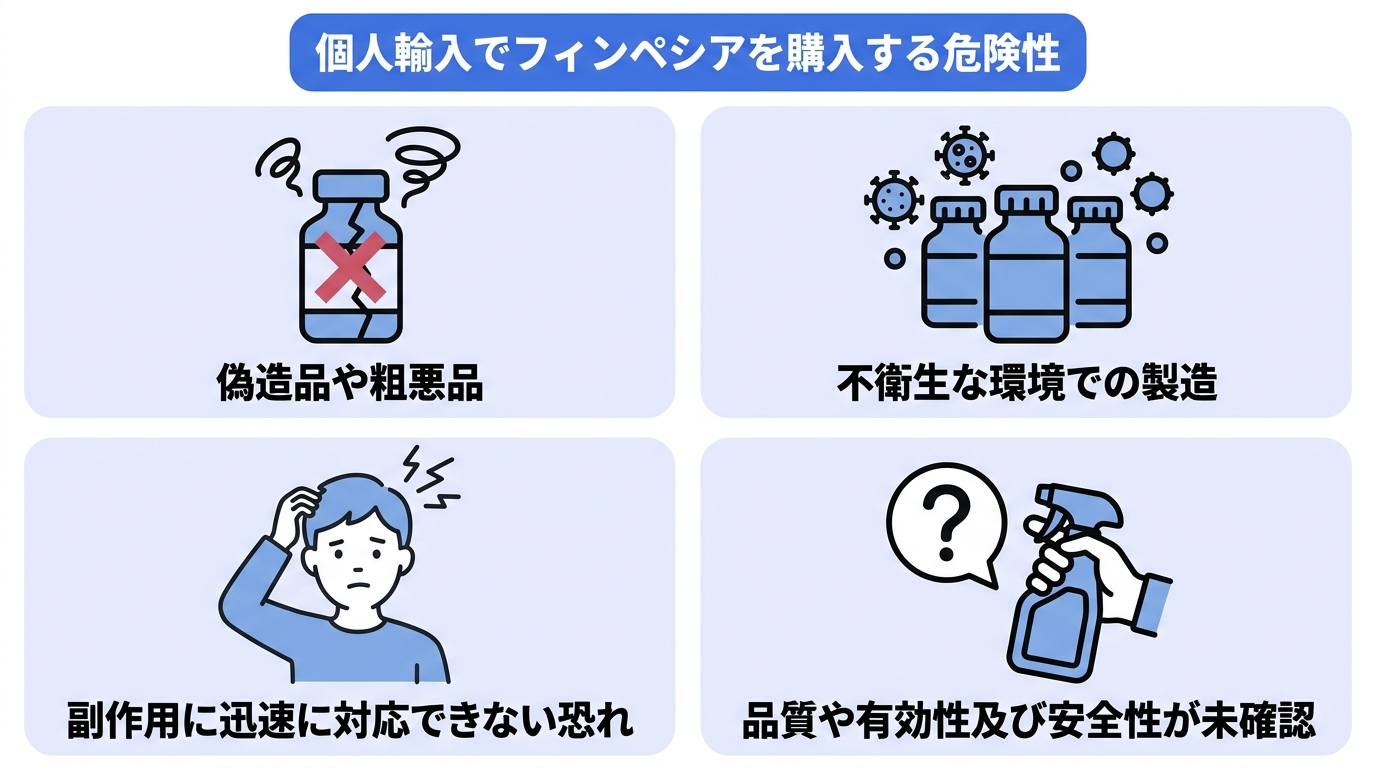 個人輸入でフィンペシアを購入する危険性を4つのポイントで解説。偽造品や粗悪品の可能性があること、不衛生な環境で製造された可能性があること、副作用への対応が遅れる可能性があること、品質や有効性及び安全性が未確認であること