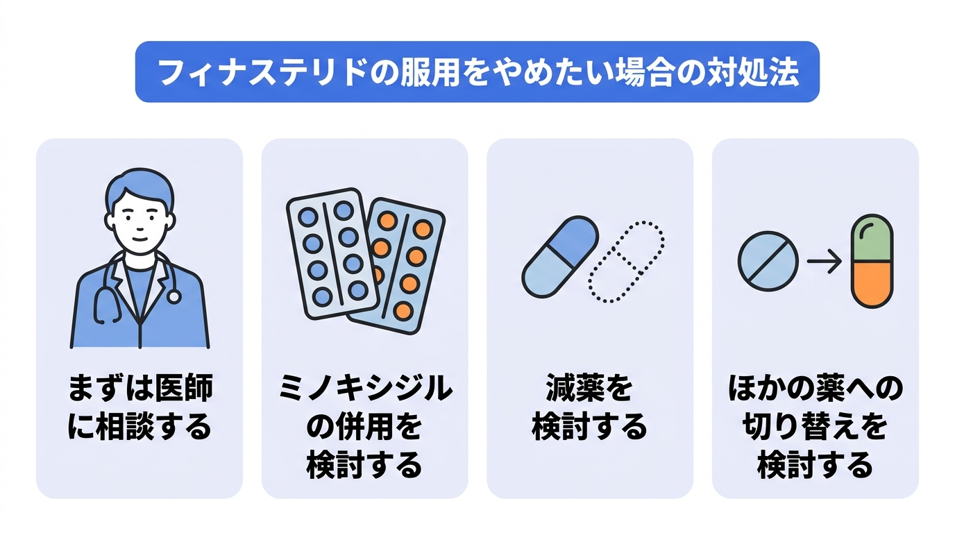 フィナステリドの服用を止めたい場合の対処法4つを示したイメージ図。医師に相談する。ミノキシジルの併用を検討する。減薬を検討する。ほかの薬への切り替えを検討する。