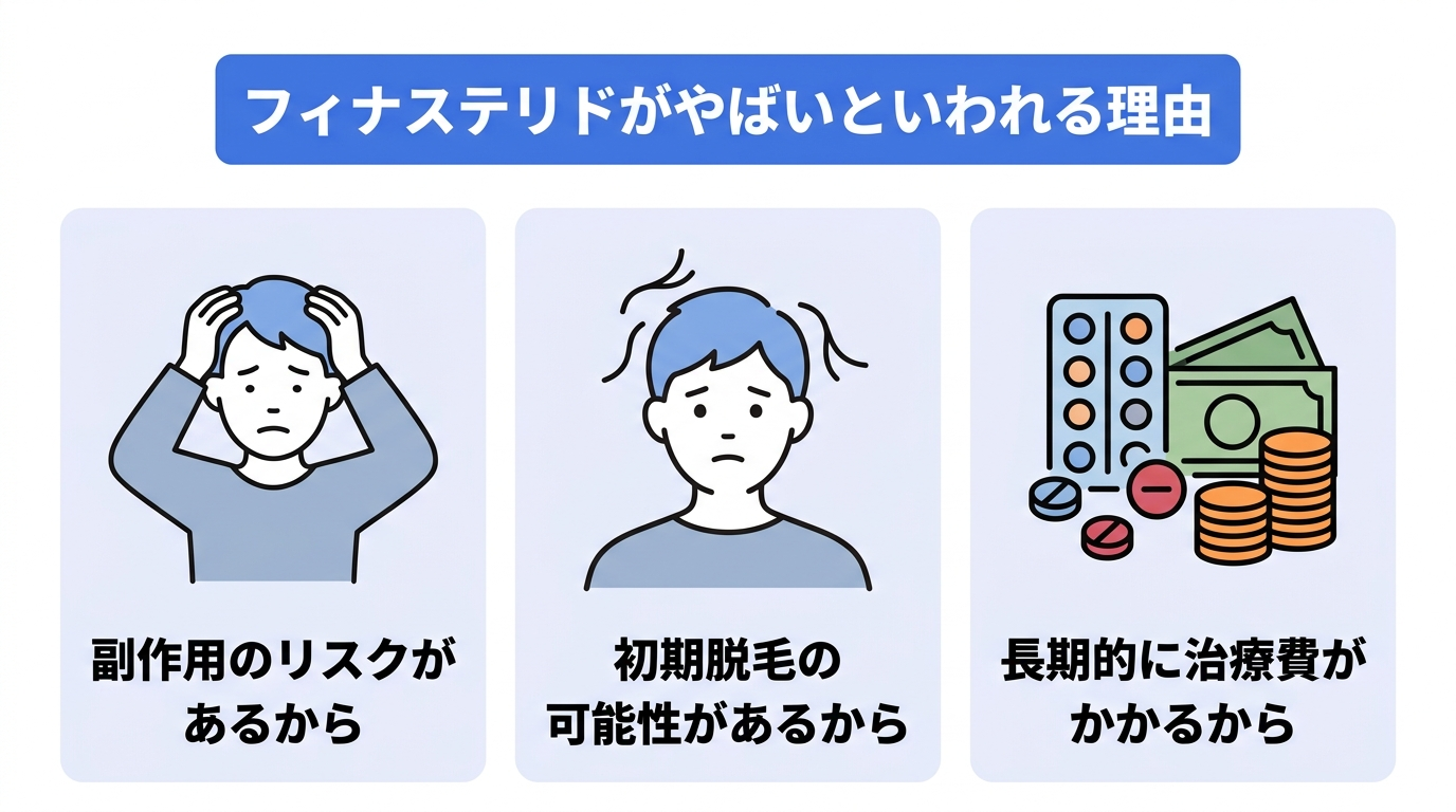 フィナステリドがやばいといわれる3つの理由。副作用のリスクがあるから。初期脱毛の可能性があるから。長期的に治療費がかかるから。
