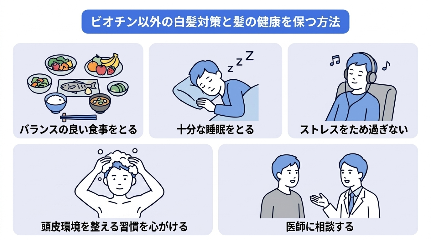 ビオチン以外の白髪対策と髪の健康を保つ方法(バランスの良い食事をとる、十分な睡眠をとる、ストレスをため過ぎない、頭皮環境を整える習慣を心がける、医師に相談する)