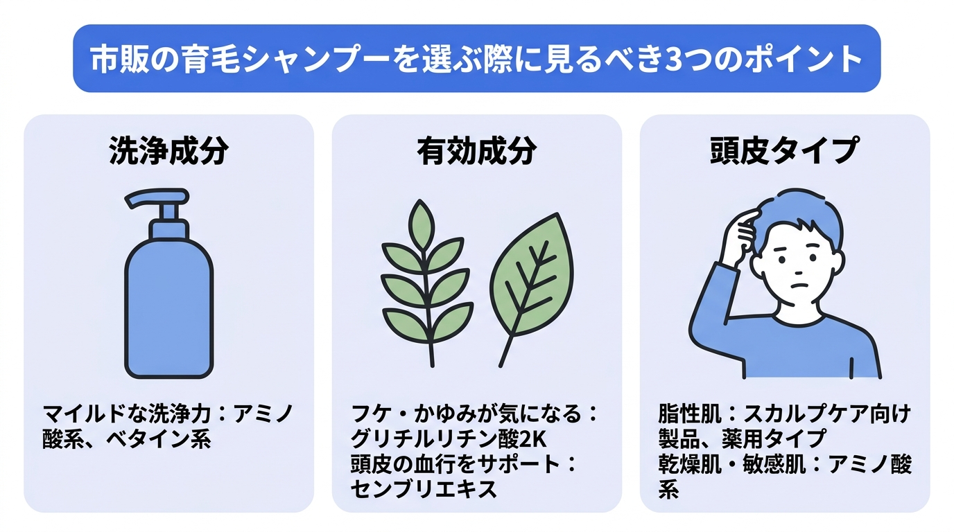 市販の育毛シャンプーを選ぶ際に見るべき3つのポイントを解説。マイルドな洗浄成分であるアミノ酸系やベタイン系であること、グリチルリチン酸2Kやセンブリエキスなどの有効成分が含まれていること、脂性肌ならスカルプケア向け製品や薬用タイプ・乾燥肌や敏感肌の場合はアミノ酸系のものを選ぶ。