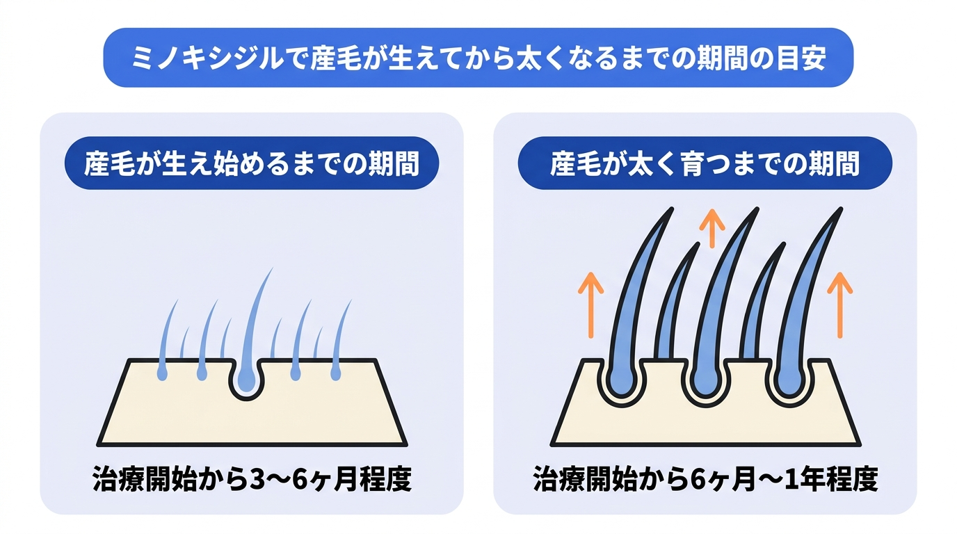 ミノキシジルの使用により産毛が生え始めるまでの期間(治療開始から3〜6ヶ月程度)と、その産毛が太く育つまでの期間(治療開始から6ヶ月〜1年程度)の目安を示した図。