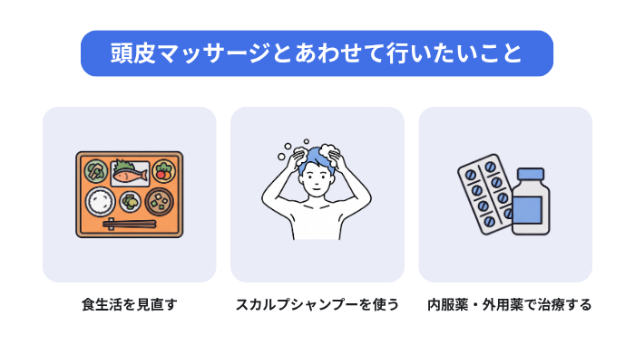 頭皮マッサージとあわせて行いたいこと(食生活を見直す、スカルプシャンプーを使う、内服薬・外用薬で治療する)の画像