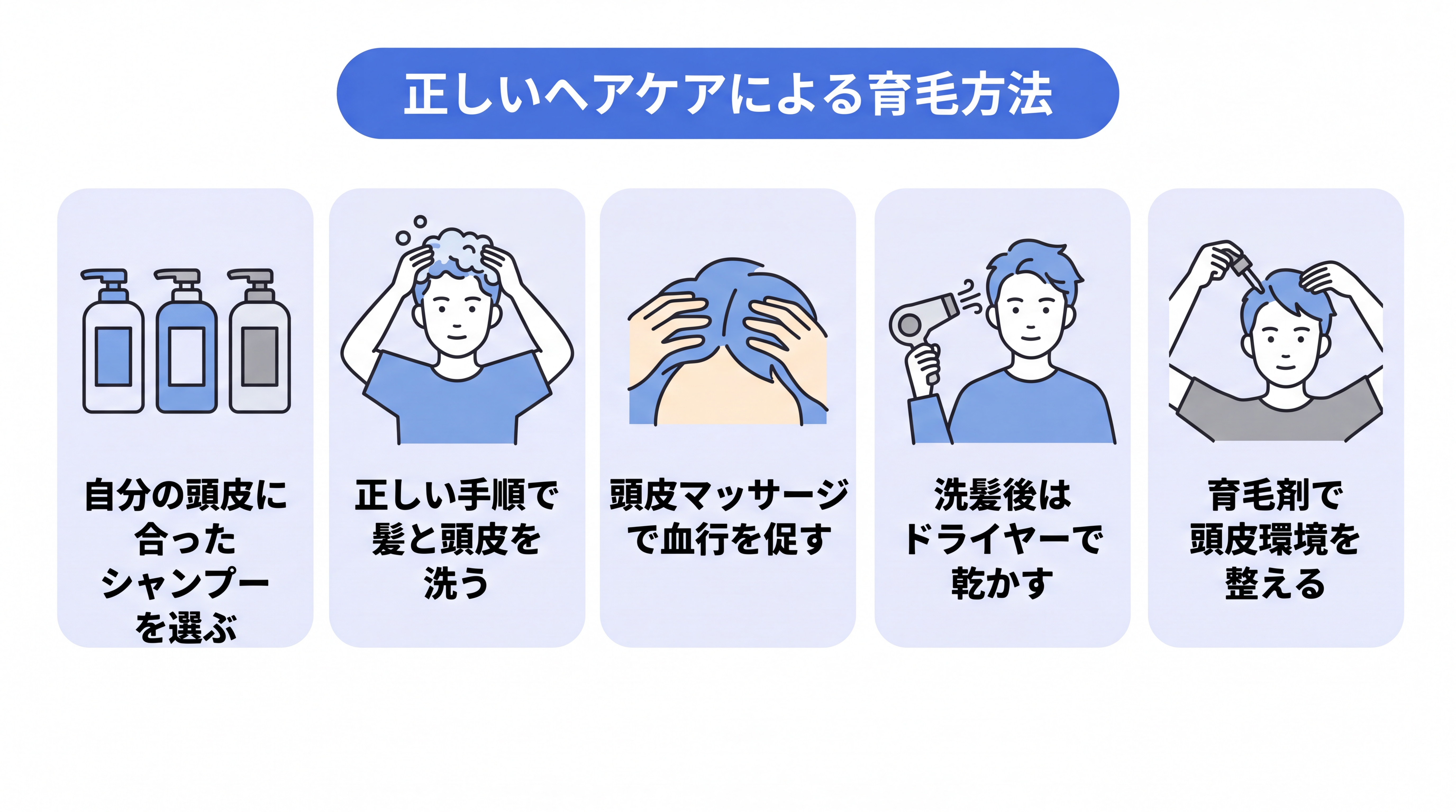 正しいヘアケアによる5つの育毛方法のイメージ図。自分の頭皮に合ったシャンプーを選ぶ。正しい手順で髪と頭皮を洗う。頭皮マッサージで血行を促す。洗髪後はドライヤーで乾かす。育毛剤で頭皮環境を整える。