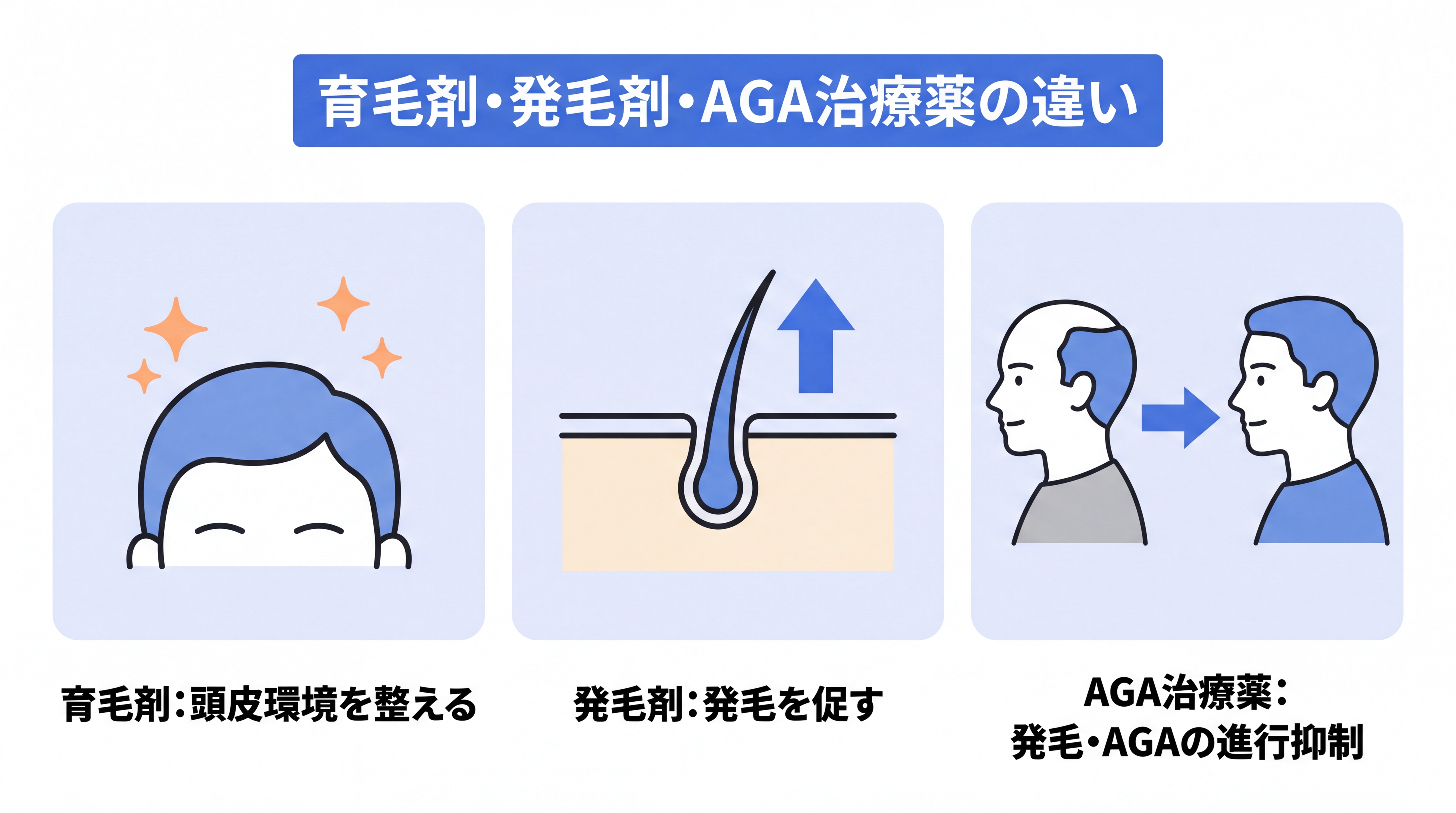 育毛剤・発毛剤・AGA治療薬の違いとして、育毛剤は頭皮環境を整える、発毛剤は発毛を促す、AGA治療薬は発毛とAGAの進行抑制を図るという各々の目的と役割を比較した図。