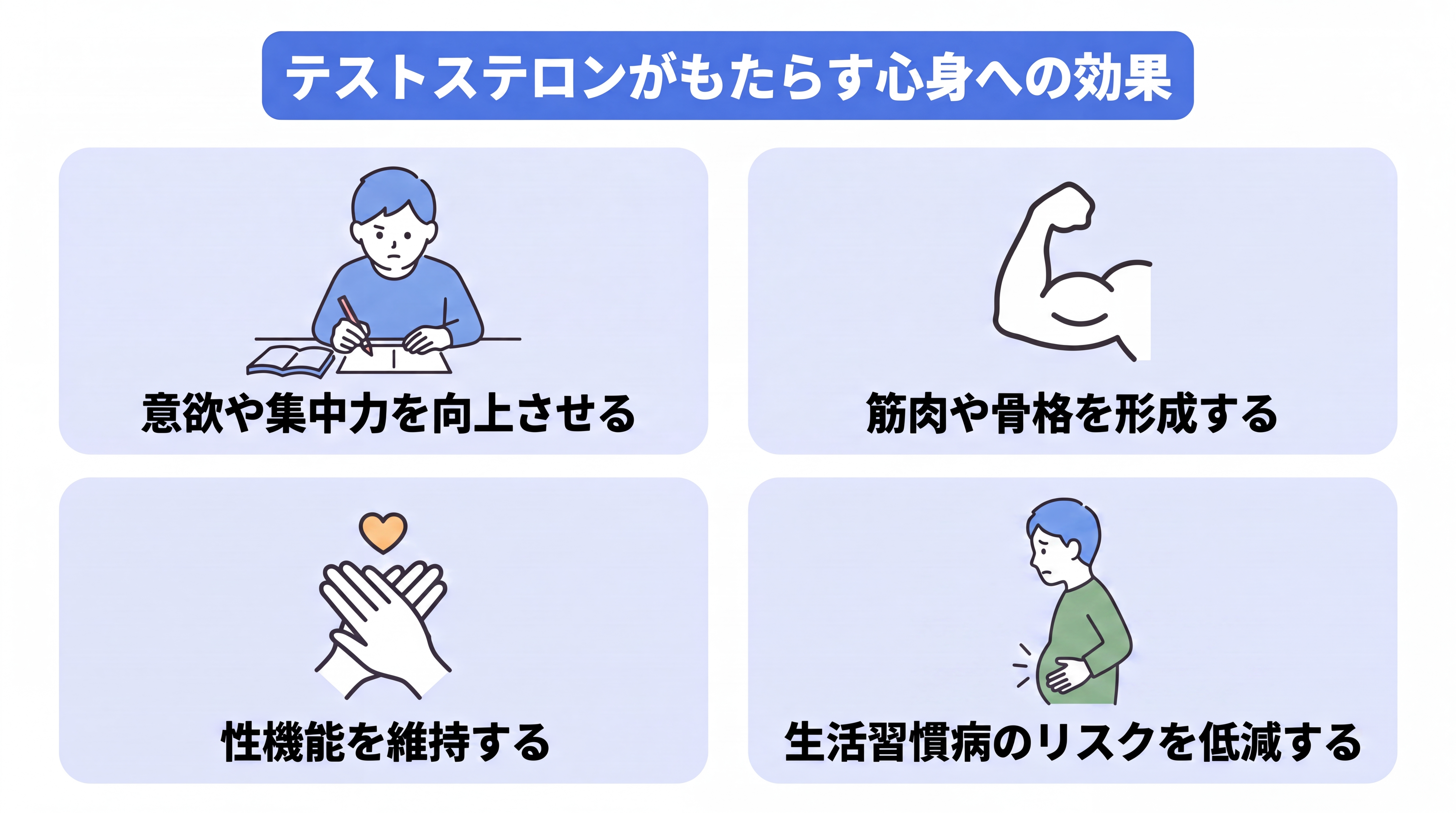 テストステロンがもとらす心身への効果(意欲や集中力を向上させる、筋肉や骨格を形成する、性機能を維持する、生活習慣病のリスクを低減する)の画像