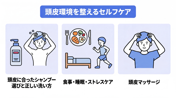 頭皮環境を整える3つのセルフケアのイメージ図。頭皮に合ったシャンプー選びと正しい洗い方。食事・睡眠・ストレスケア。頭皮マッサージ。の画像