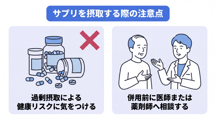 サプリを摂取する際の2つの注意点のイメージ図。過剰摂取による健康リスクに気をつける。併用前に医師または薬剤師へ相談する。