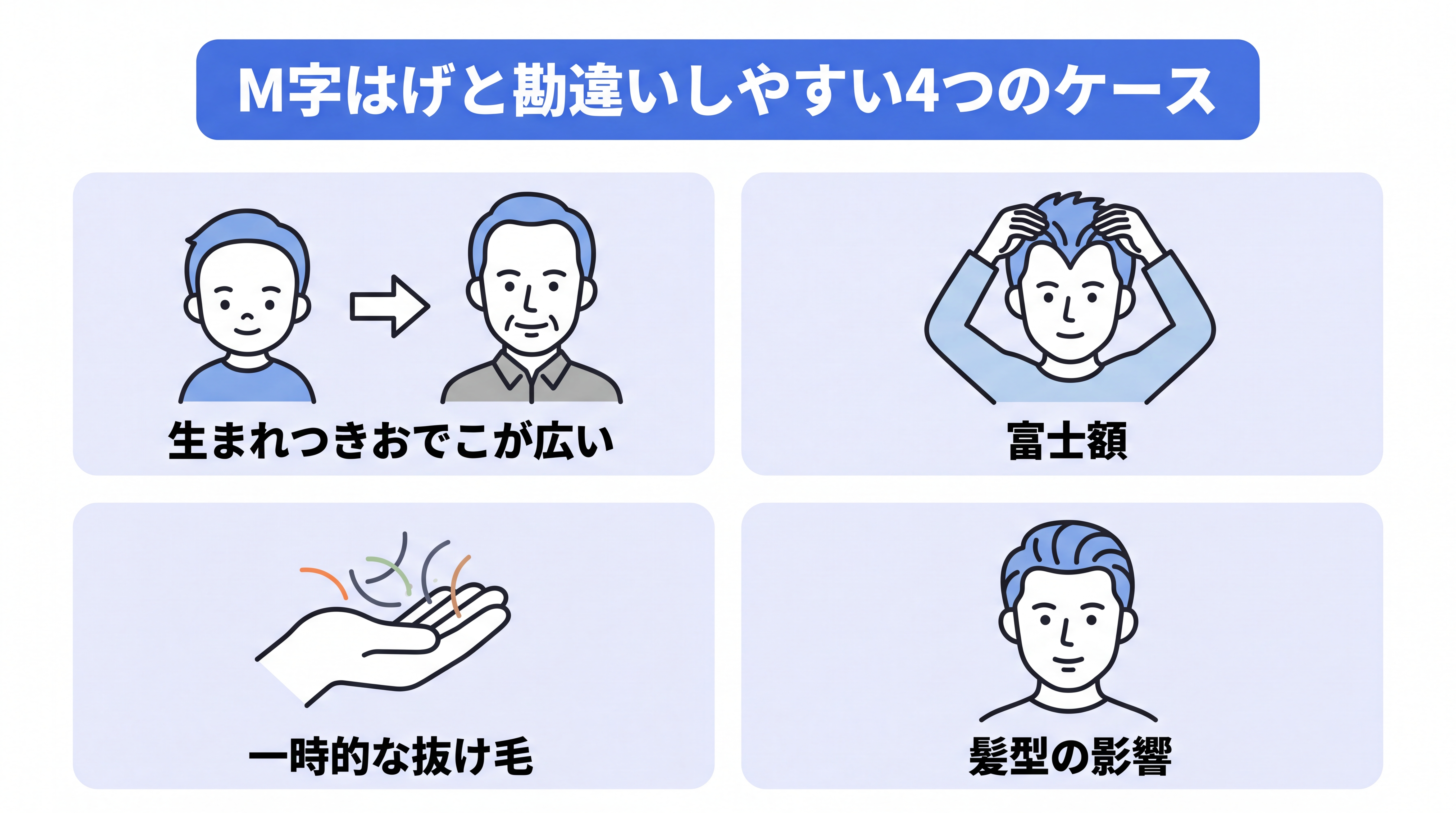 M字はげと勘違いしやすい4つのケース(生まれつきのおでこの広さ、富士額、一時的な抜け毛、髪型の影響)を紹介