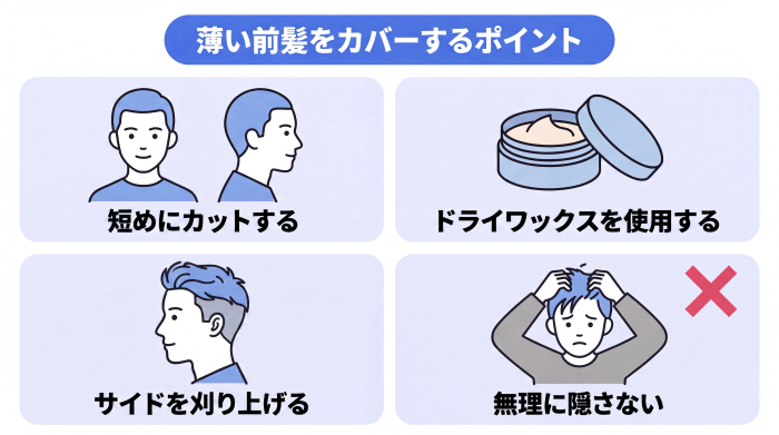 薄い前髪をカバーするポイント(短めにカットする、ドライワックスを使用する、サイドを刈り上げる、無理に隠さない)