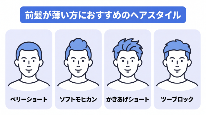 前髪が薄い方におすすめのヘアスタイル(ベリーショート、ソフトモヒカン、かきあげショート、ツーブロック)