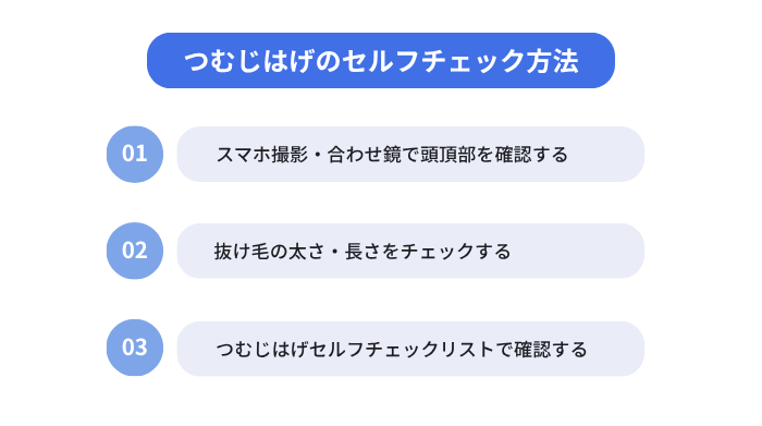 つむじハゲのセルフチェック方法(スマホ撮影や合わせ鏡で頭頂部を確認する、抜け毛の太さや長さをチェックする、つむじはげセルフチェックリストで確認する)