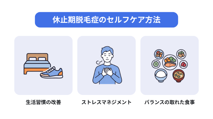 休止期脱毛症時のセルフケア方法を示したイメージ図。生活習慣の改善、ストレスマネジメント、バランスの取れた食事。