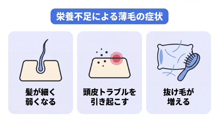 栄養不足による薄毛の症状3つを示したイメージ図。髪が細くなる。頭皮トラブルを引き起こす。抜け毛が増える。