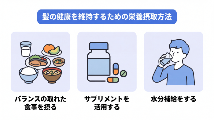 髪の健康を維持するための3つの栄養摂取方法を示したイメージ図。バランスの取れた食事を摂る。サプリメントを活用する。水分補給をする。