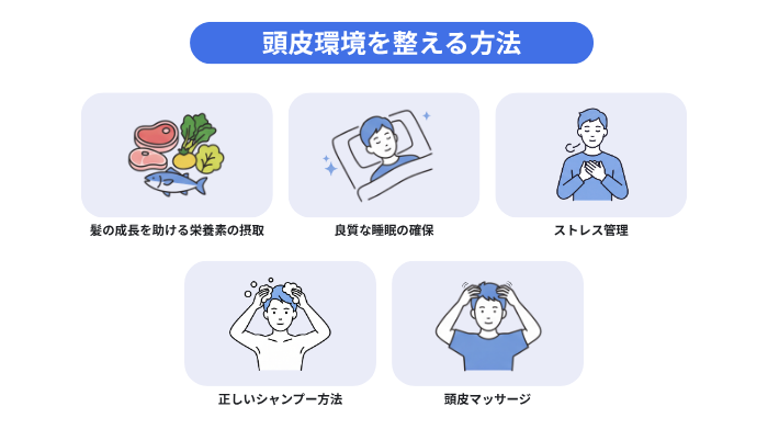 頭皮環境を整える方法(髪の成長を助ける栄養の摂取、良質な睡眠の確保、ストレス管理、正しいシャンプー方法、頭皮マッサージ)